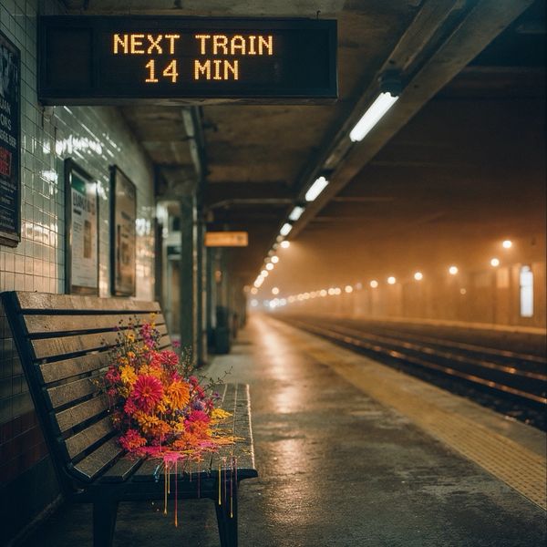 STILL WAITING, FOURTEEN MINUTES (probable; platform sign reads NEXT TRAIN 14 MIN)