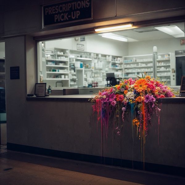 STILL WAITING, REFILL PENDING (probable; pharmacy PRESCRIPTIONS PICK-UP counter)